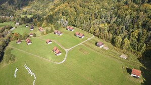 Eine Luftaufnahme einer ländlichen Gegend mit mehreren Häusern mit roten Dächern, umgeben von grünen Feldern und dichtem Wald.