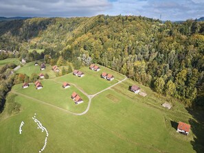 An aerial view of a rural area with several houses with red roofs, surrounded by green fields and dense forest. - Green Valley Park Stárkov 18 by Interhome (Stárkov)
