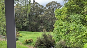 A lush green landscape with a variety of trees and shrubs, a grassy field, and a structure with a grey facade.