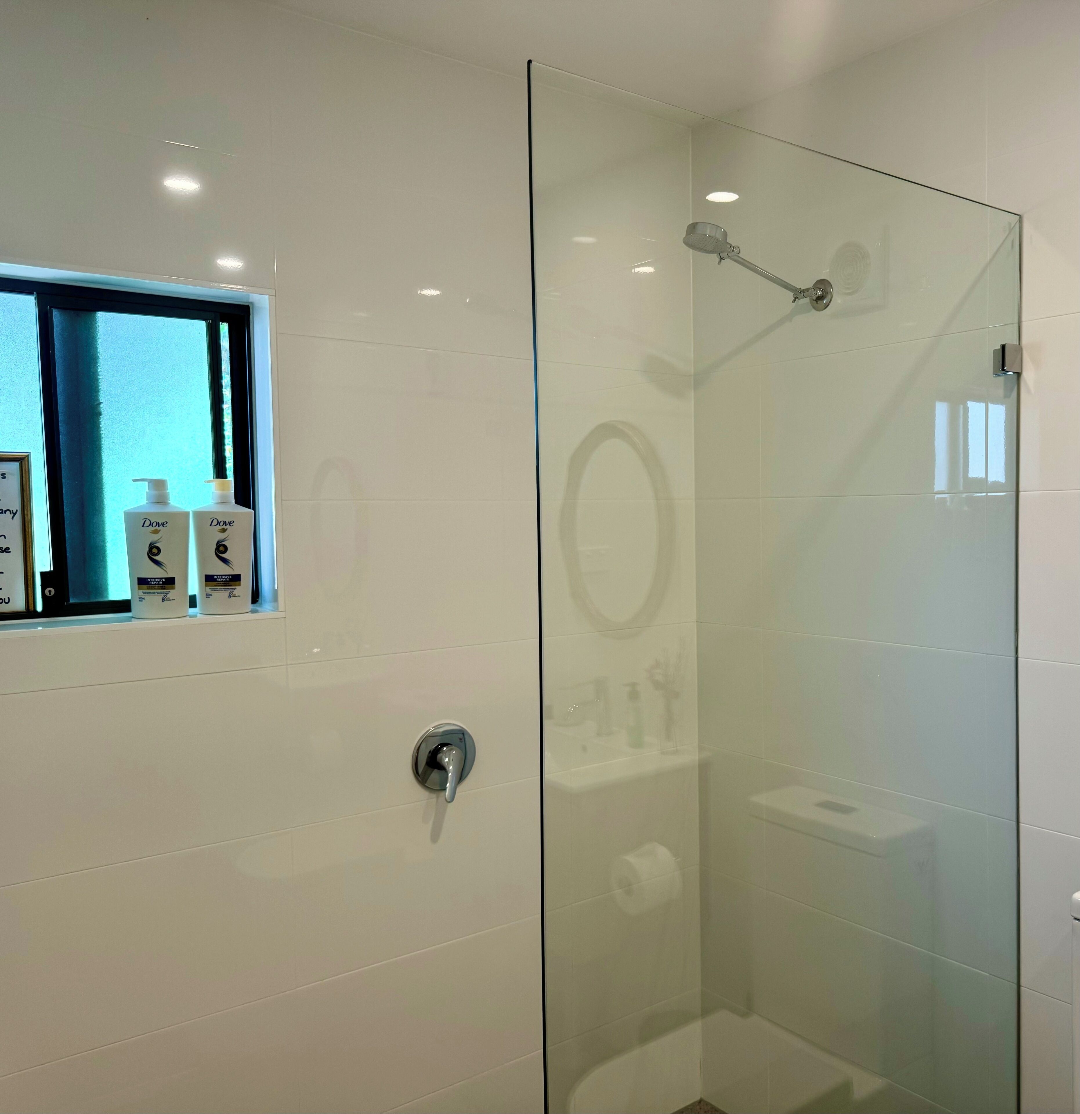 A modern bathroom with a glass shower enclosure, a window with a view, and toiletries on the wall.