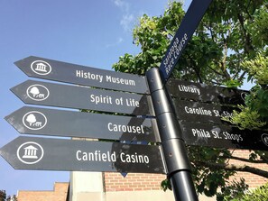 A directional signpost with multiple arrows pointing to various destinations such as the History Museum, Spirit of Life, and Canfield Casino.