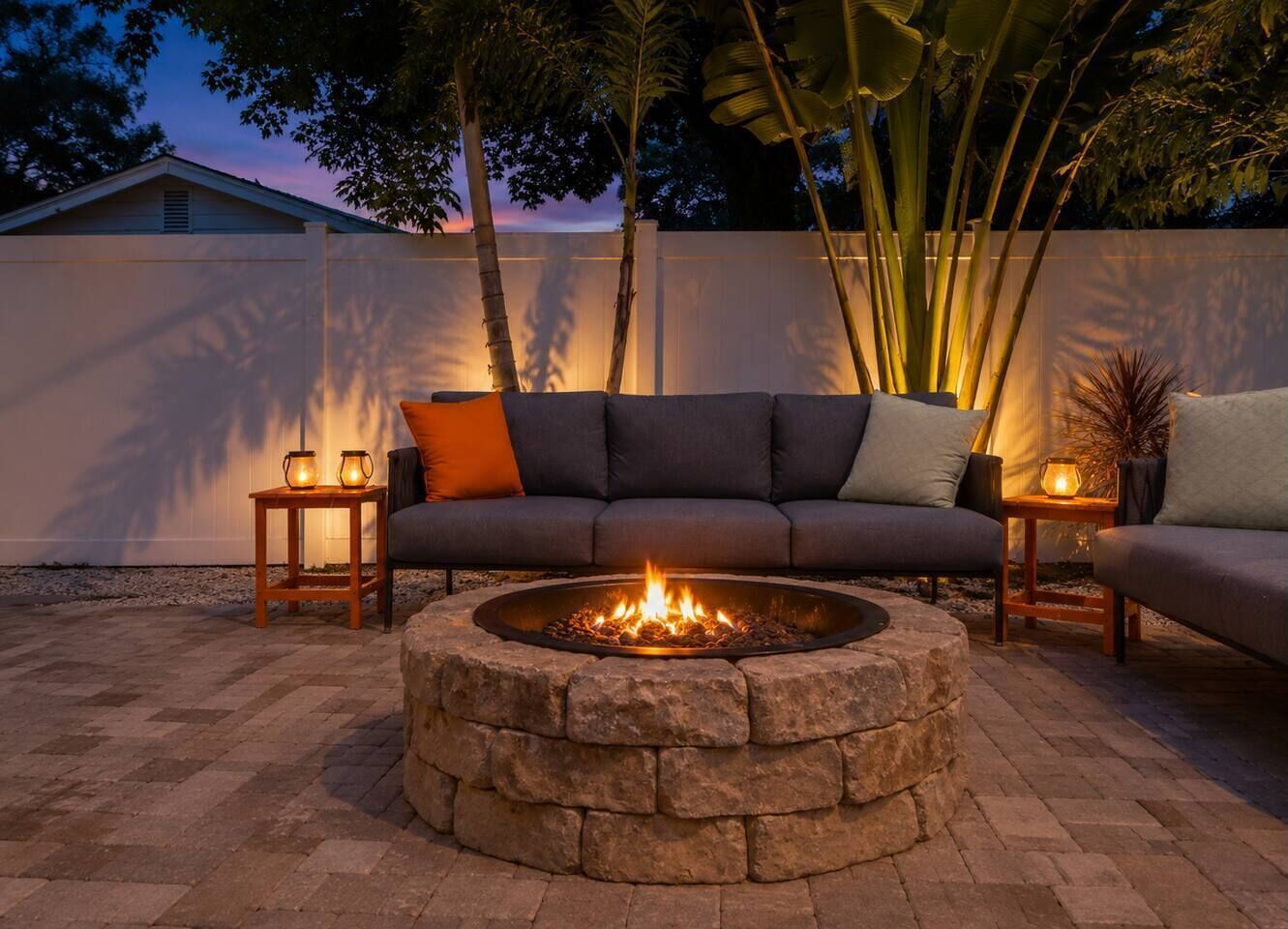 A stone fire pit with a fire, surrounded by a dark-colored sofa and two small wooden tables with lanterns.