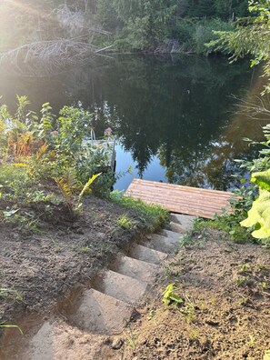 Eine Holzstege ragt in eine ruhige Seenlandschaft, umgeben von üppigem Grün.