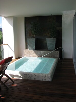 A pool area with a wooden deck, a lounge chair, and two potted plants.