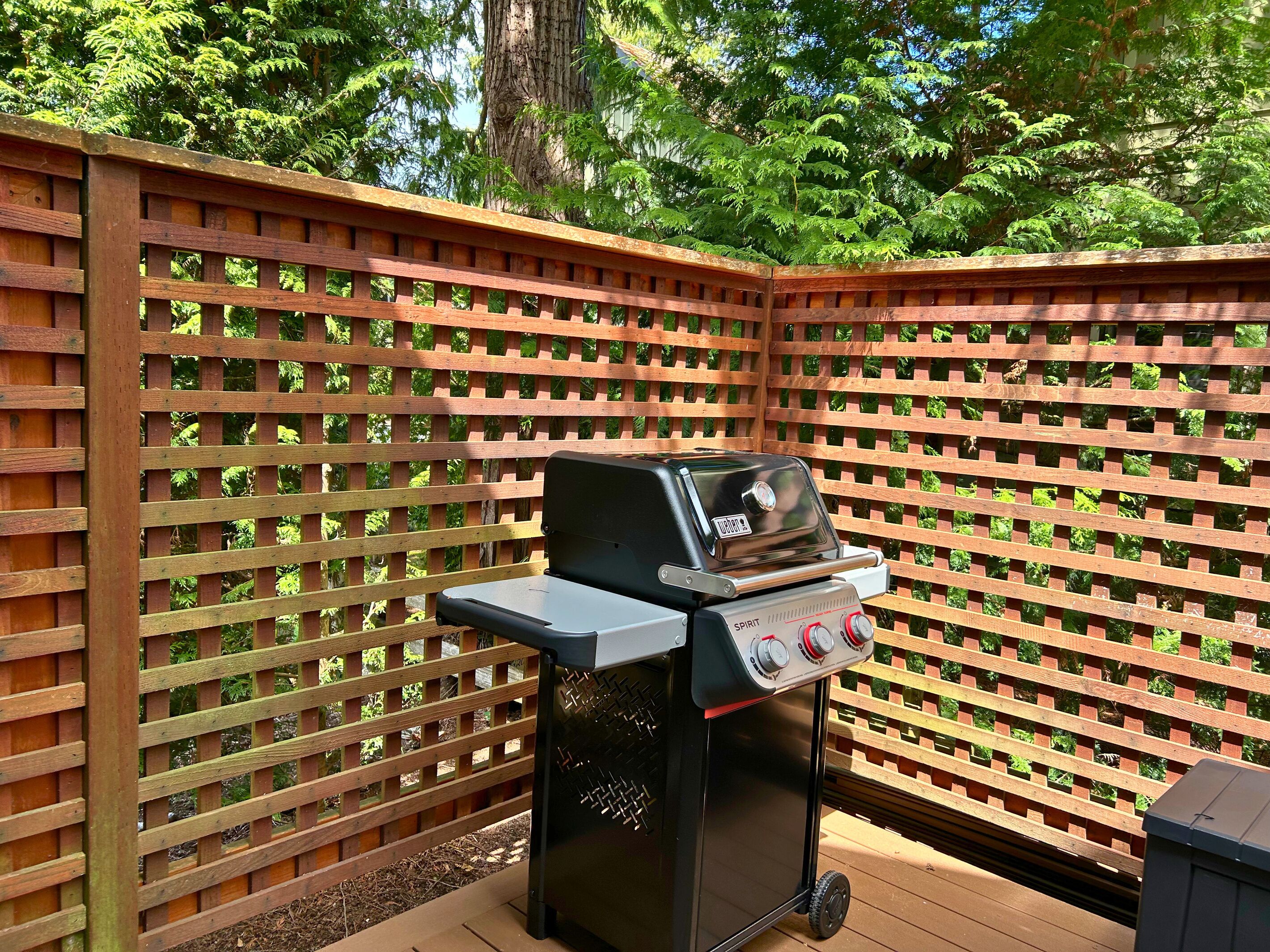 A portable barbecue grill with a digital display and control knobs, positioned on a wooden deck with a lattice fence in the background.