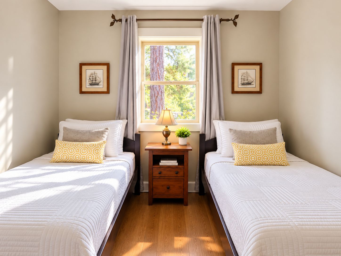 Una habitación con dos camas, una ventana con cortinas, una mesita de noche con lámpara y planta, y cuadros en las paredes.