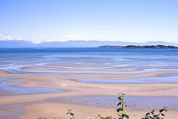 Una playa con agua cristalina y una isla en la distancia.