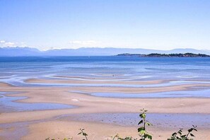 Una playa con agua cristalina y una isla en la distancia.