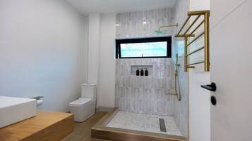 A modern bathroom with a shower, toilet, and sink.