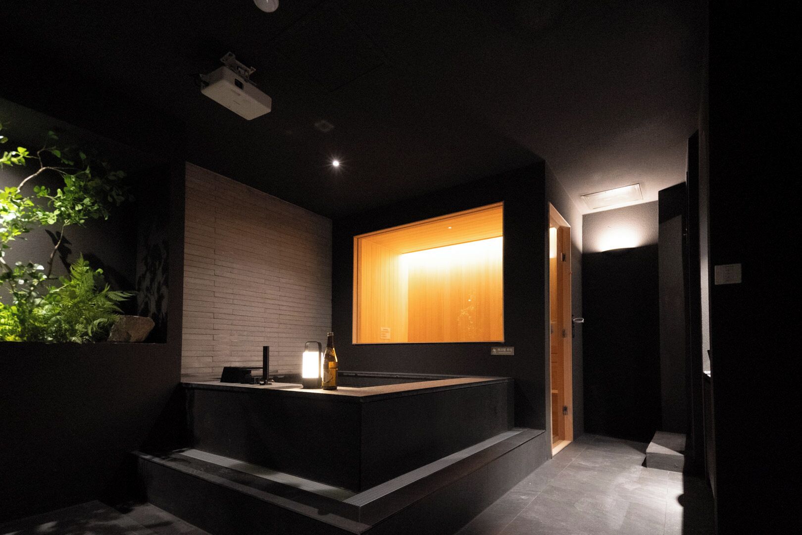 Une salle de bain moderne avec un sol foncé, un meuble-lavabo en bois, un évier et une plante en pot.