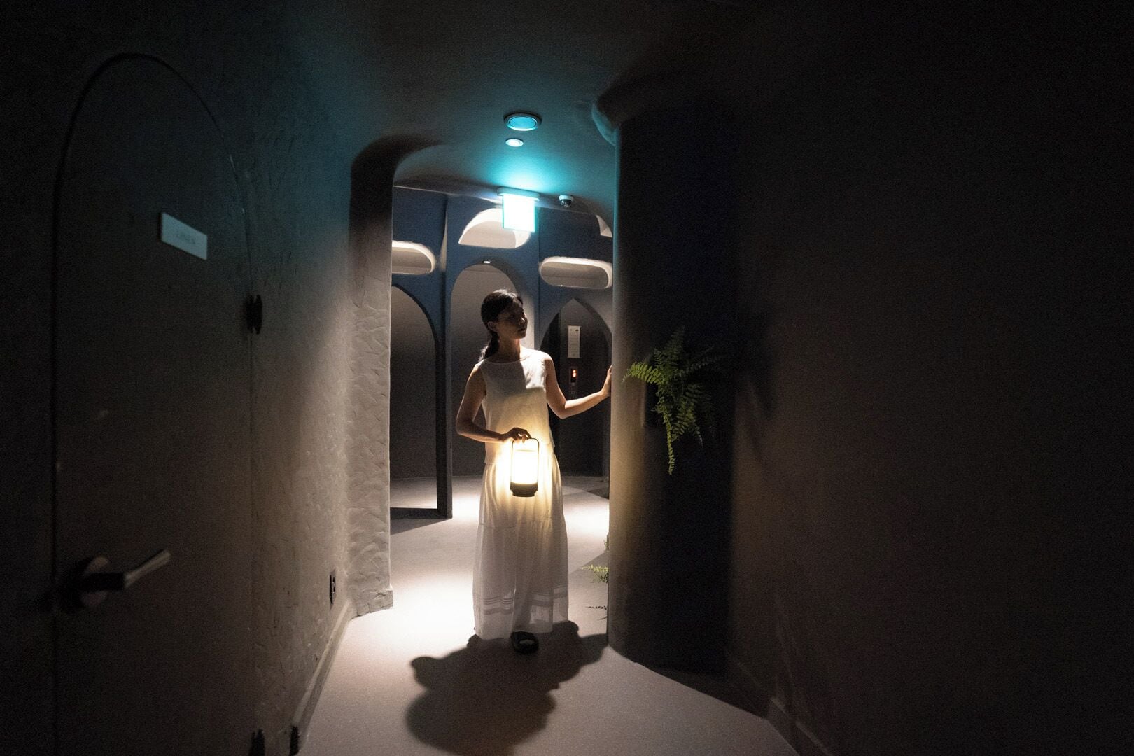 A corridor with a person holding a light source, walls with arched doorways, and a plant on the right.