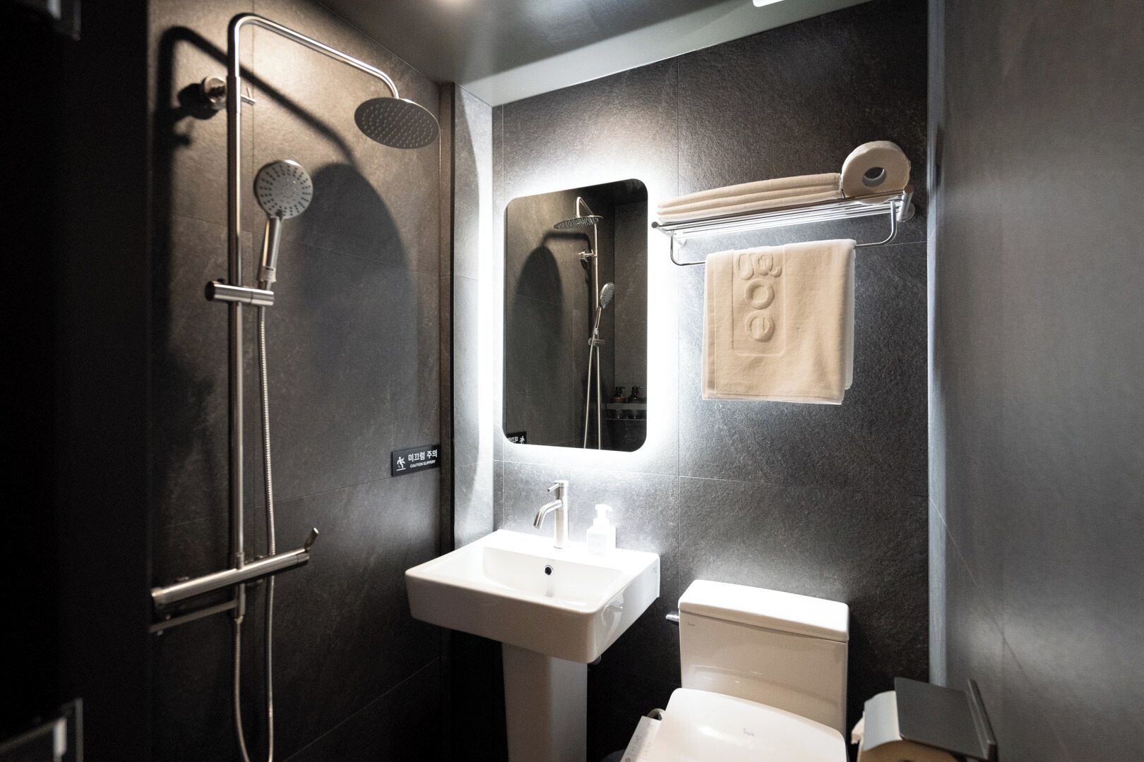 Un baño moderno con ducha, lavamanos e inodoro.