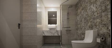 A modern bathroom with a shower, toilet, and sink.
