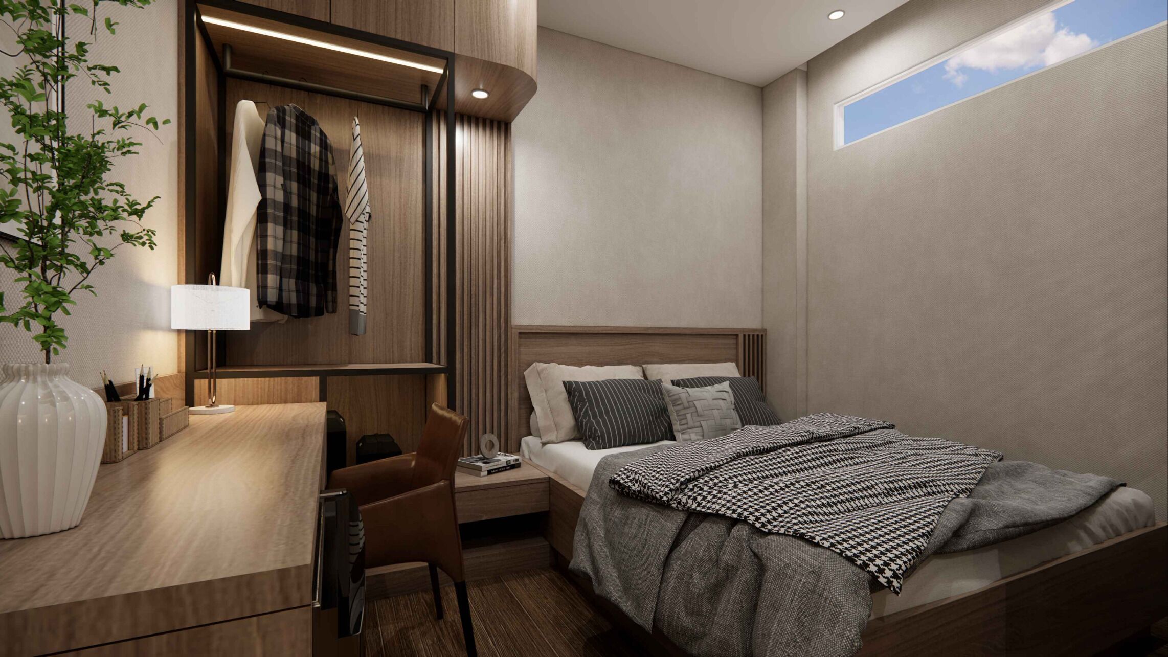 Un dormitorio moderno con cama, mesitas de noche, escritorio y armario ropero.