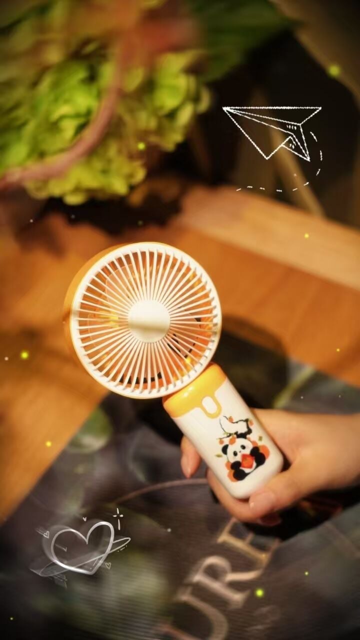 Eine Hand hält einen Fächer mit einem Panda-Design, ein Herz mit einem Ring und ein Papierflieger.
