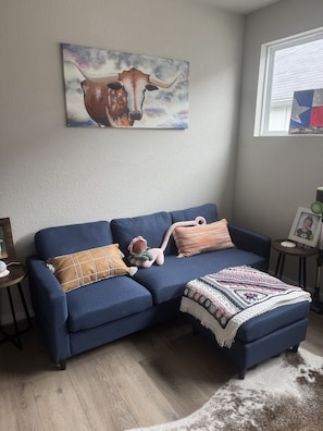 A living room with a blue sofa, a decorative pillow, a framed picture, and a painting of a bull on the wall. - Fully Furnished 3-bedroom house in San Antonio with cool AC (San Antonio)