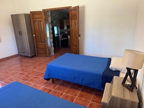 A room with a bed, a wardrobe, and a kitchenette.