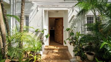 Un espacio al aire libre cubierto con una puerta de madera que da a una habitación, rodeado de plantas en macetas y una pared blanca.