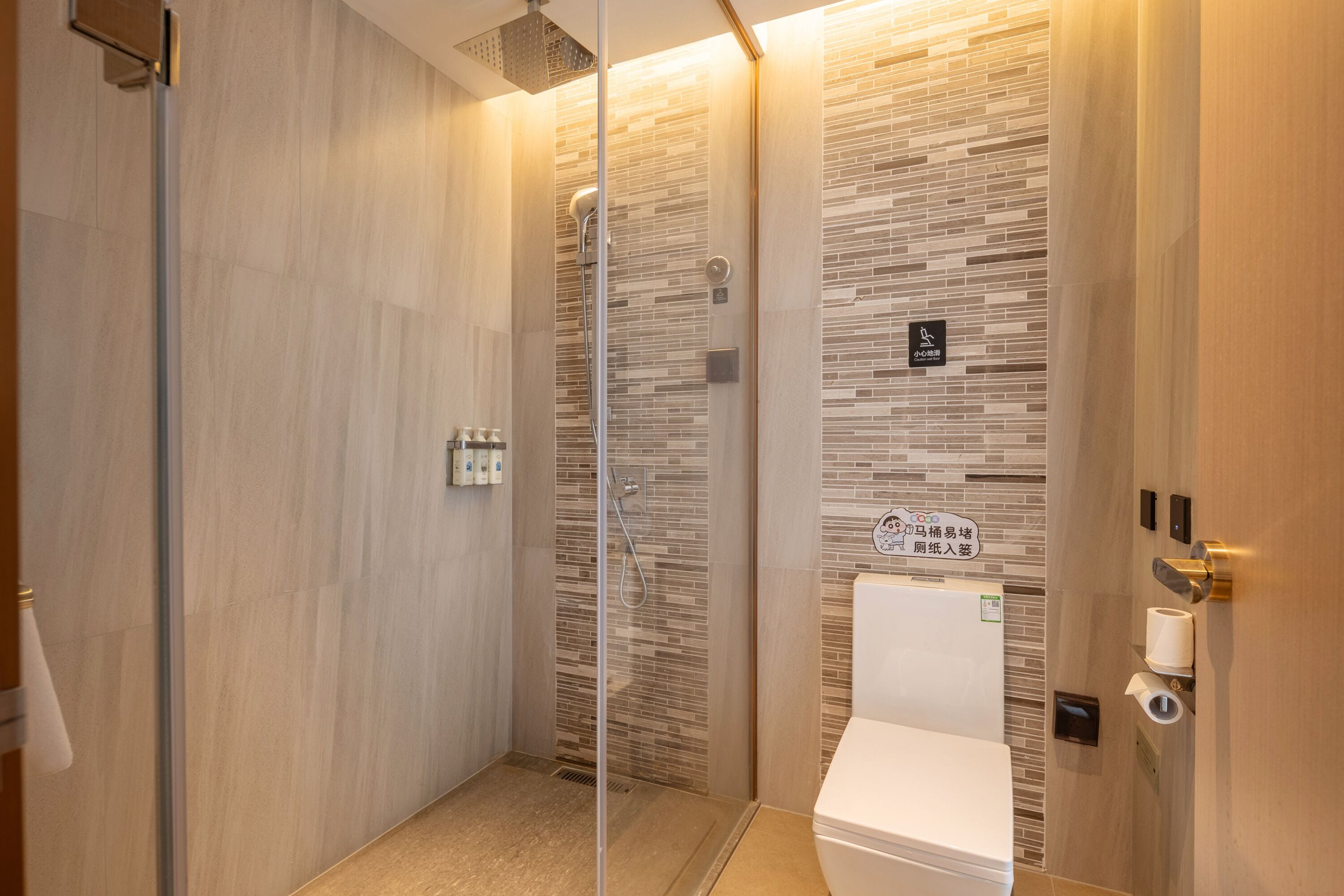 A modern bathroom with a glass shower enclosure, a toilet, and a sink.