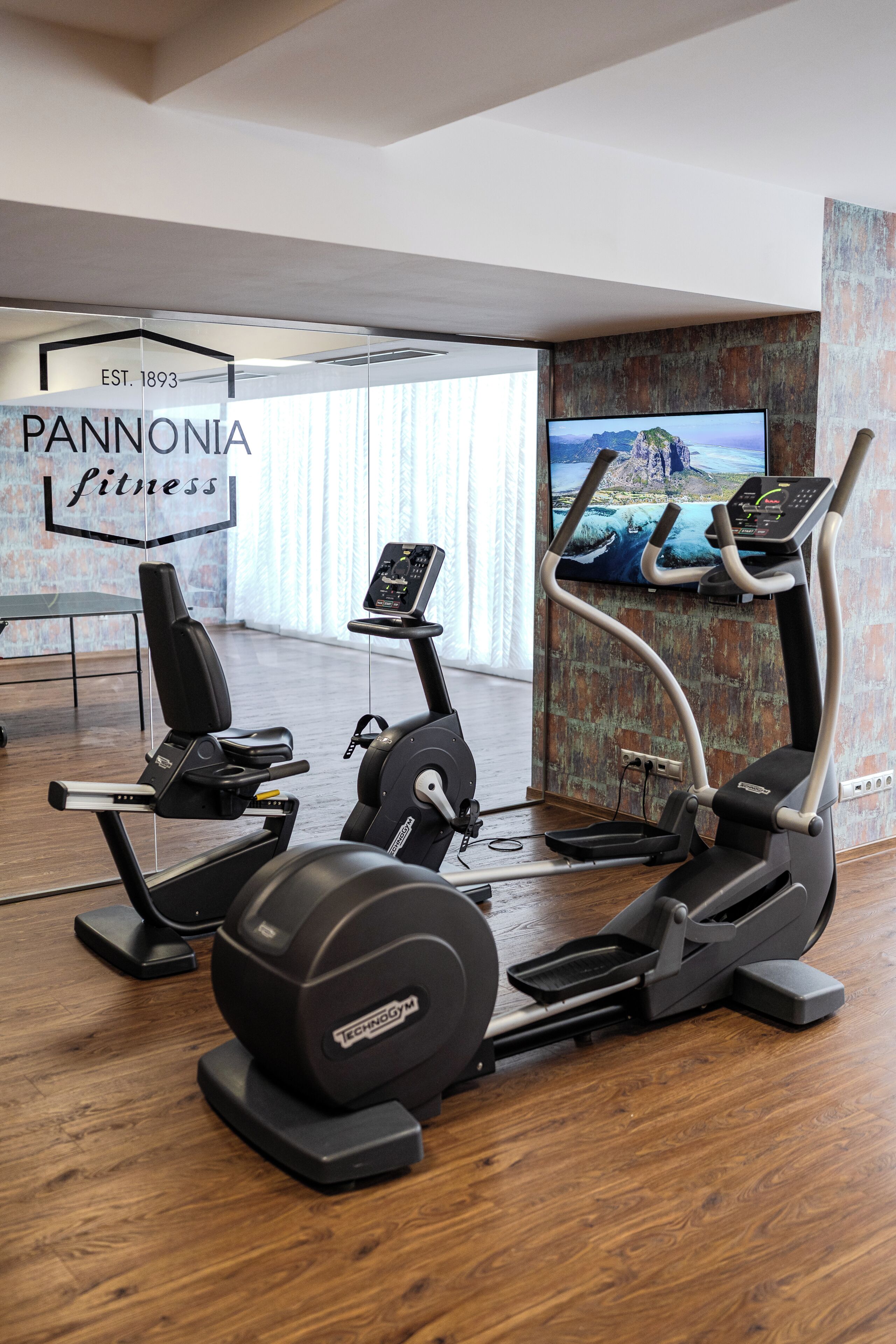 Un gimnasio con máquinas de cardio, un televisor mostrando una vista panorámica y un cartel con el año de fundación.