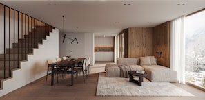 A modern interior with a wooden staircase, a dining area, a kitchen, and a seating area with a view. - Lenzerheide Luxury: Spa Shower, Mountain View (Lenzerheide/Lai)
