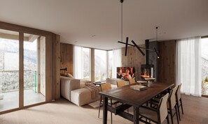 A spacious living area with a large window, a sofa, a dining table with chairs, and a fireplace. - Lenzerheide Luxury: Spa Shower, Mountain View (Lenzerheide/Lai)