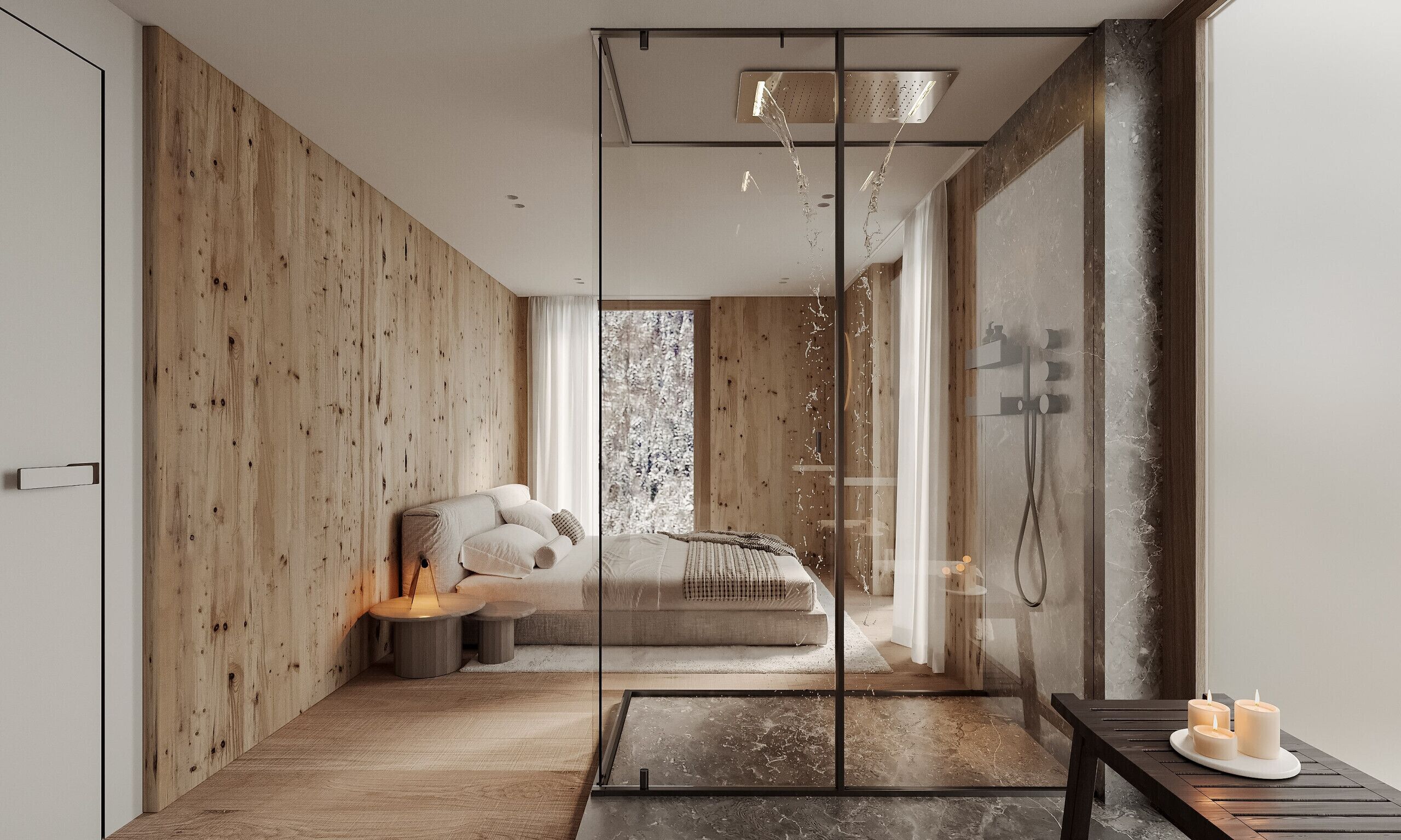 A modern bathroom with a glass shower enclosure, a wooden floor, and a bed with a view of the outdoors.