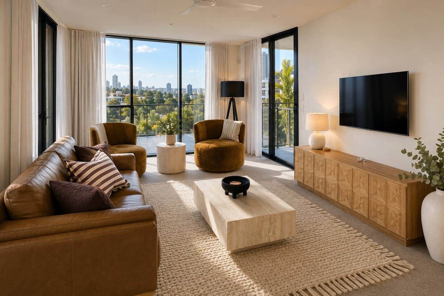 Ein stilvolles Wohnzimmer mit einer Couch, Sesseln, einem Couchtisch und einem Fernseher.