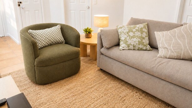 Ein Wohnzimmer mit einem grünen Sessel, einem beigen Sofa und einem kleinen runden Tisch mit einer Lampe und einer Pflanze.