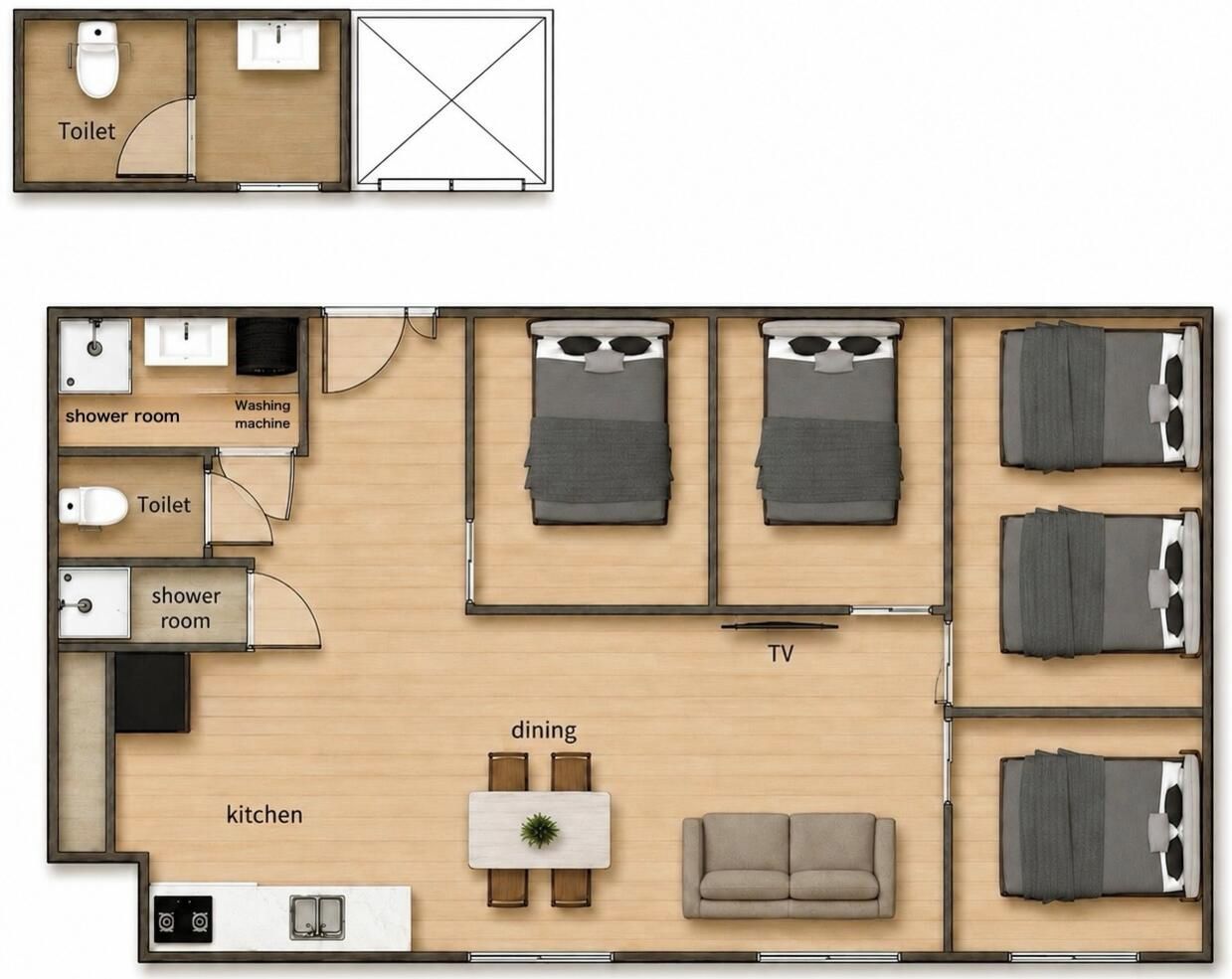 Hotellihuone, jossa on keittiö, kaksi kylpyhuonetta, ruokailutila ja televisio.