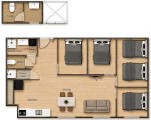 A hotel room layout with a kitchen, two bathrooms, a dining area, and a TV. - SERENE | Kuromon · 701 | 80 m² · 4BR · 2 shower rooms | Private Family Suite (Osaka)