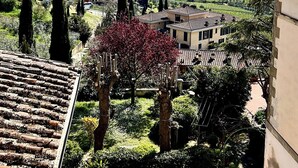 A view of a vineyard landscape with buildings and trees.