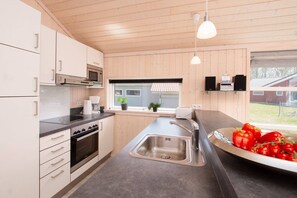Eine moderne Küche mit Holzausstattung, Edelstahlgeräten, einem großen Fenster und Blick ins Freie.
