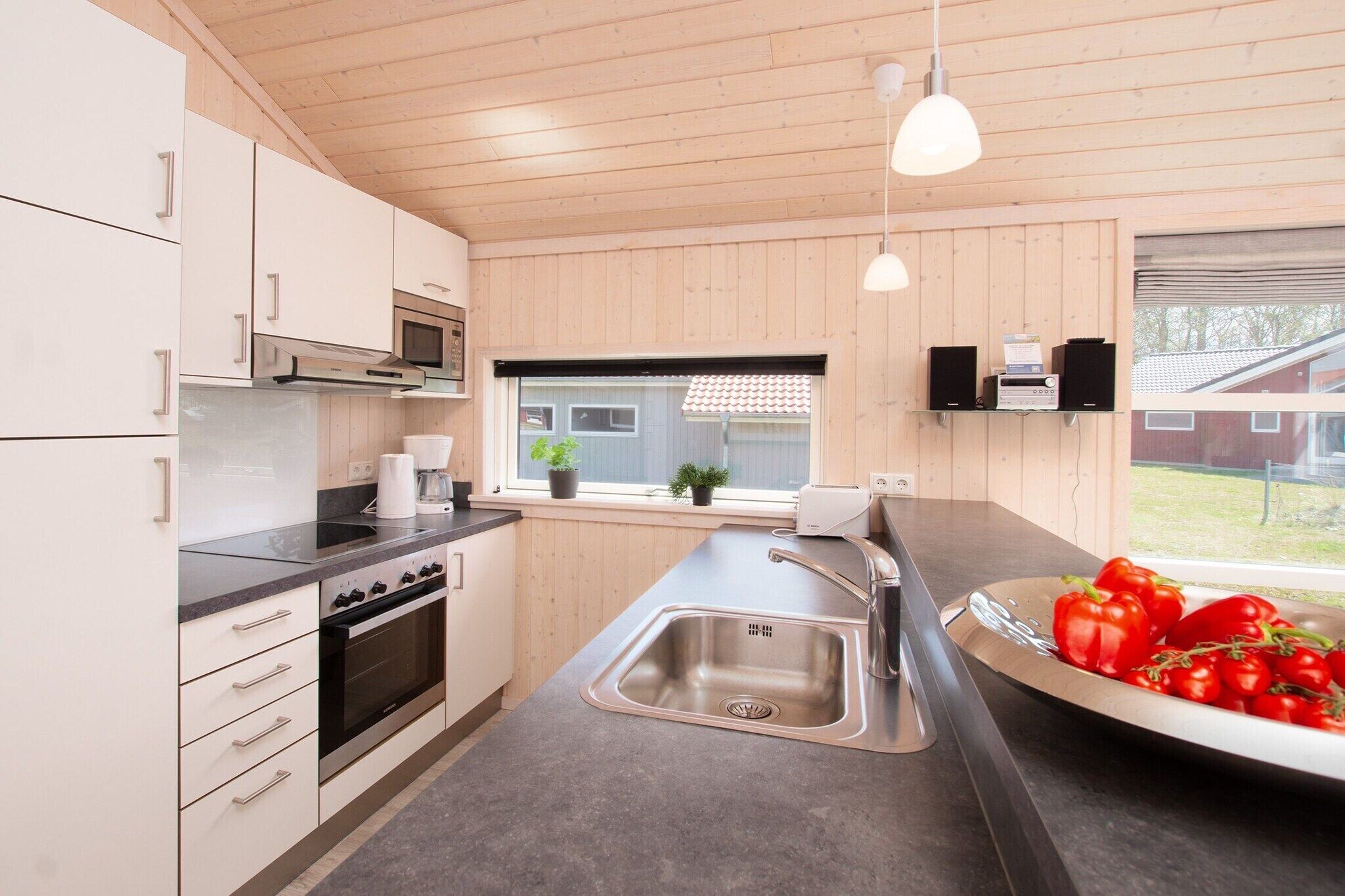 Een moderne keuken met een roestvrijstalen spoelbak, een inbouwoven en een magnetron. Er is een raam met uitzicht, en een kom tomaten op het aanrecht.