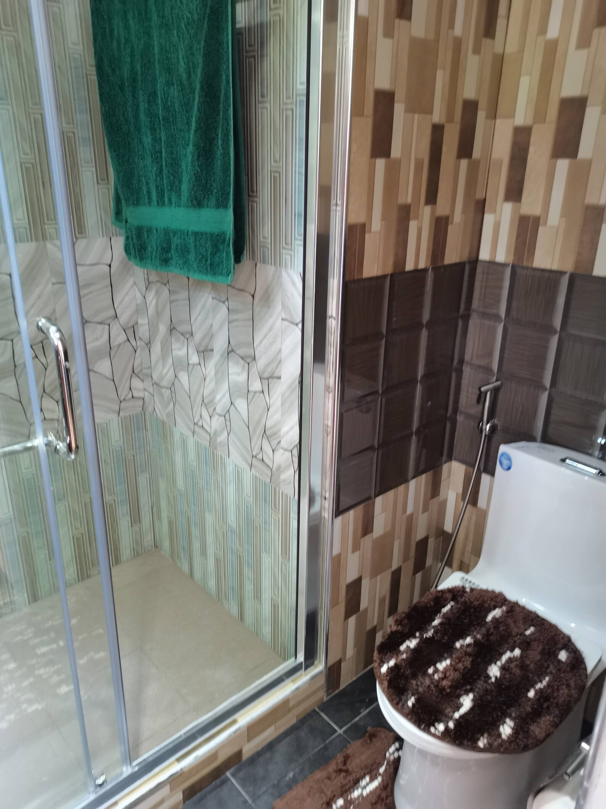 A bathroom with a glass shower enclosure, a toilet with a patterned seat cover, and tiled walls with a geometric design.