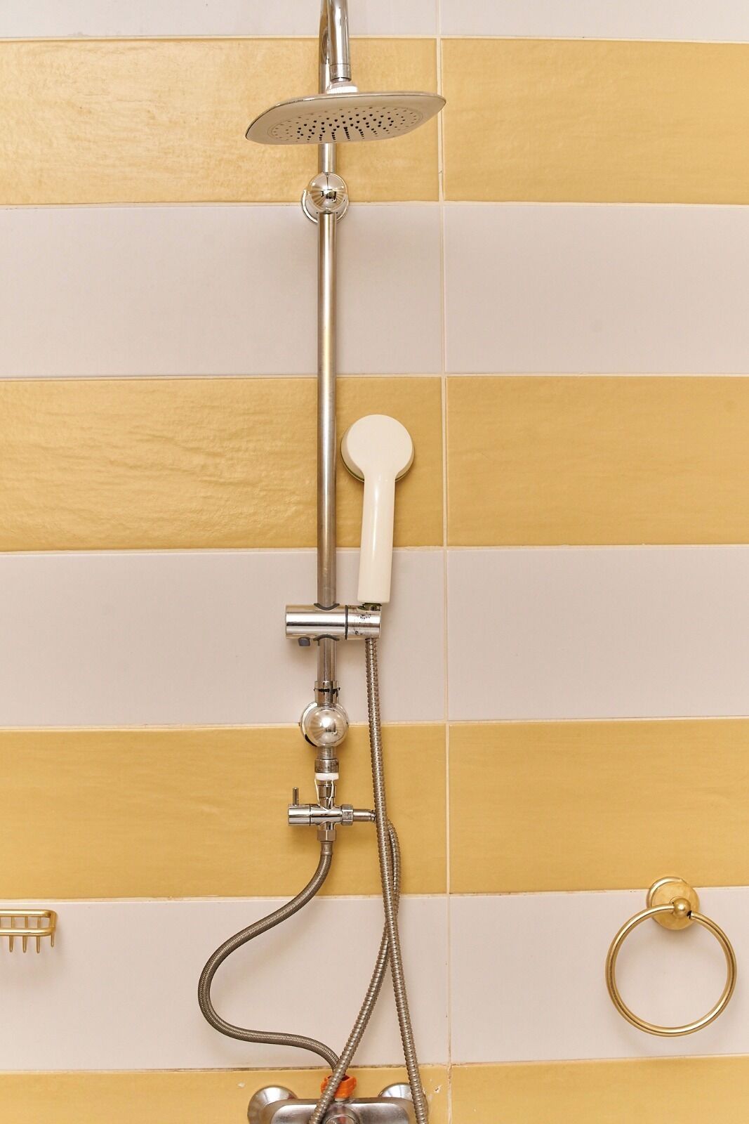 A shower with a handheld showerhead, a wall-mounted showerhead, and a handheld shower control.