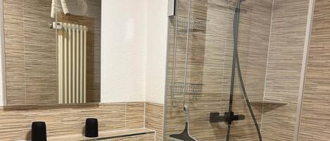 A modern bathroom with a glass-enclosed shower, a white sink, and a mirror above it.