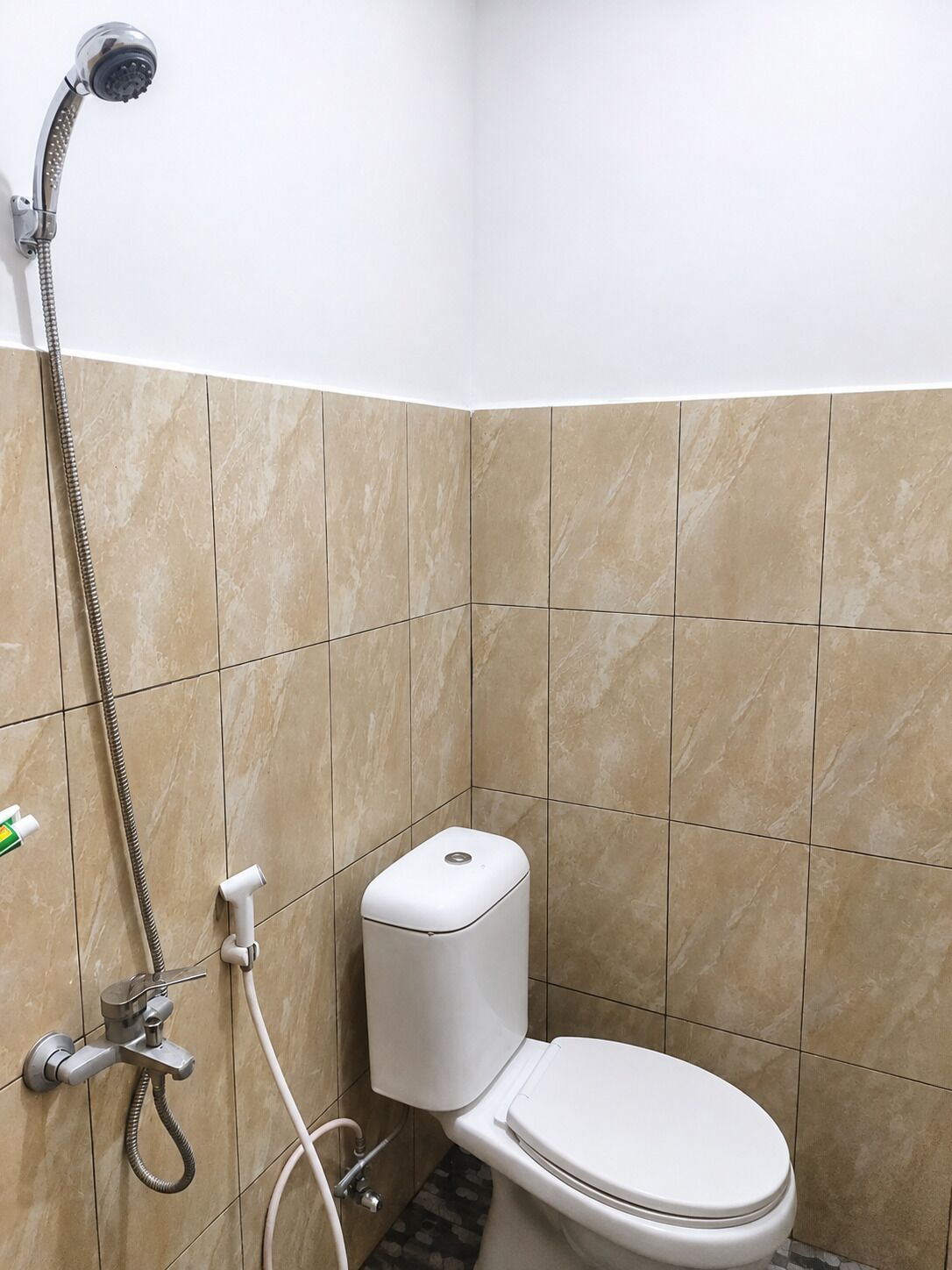A bathroom with a toilet, a shower head, and a toilet paper holder.