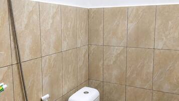 A bathroom with a toilet, a shower head, and a toilet paper holder.