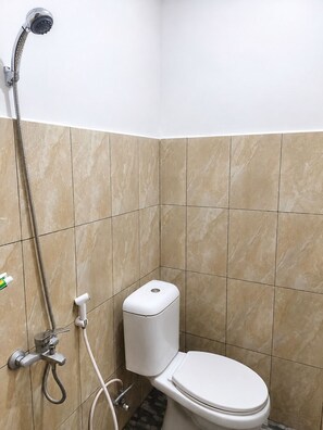Um banheiro com vaso sanitário, chuveiro e porta-papel higiênico.