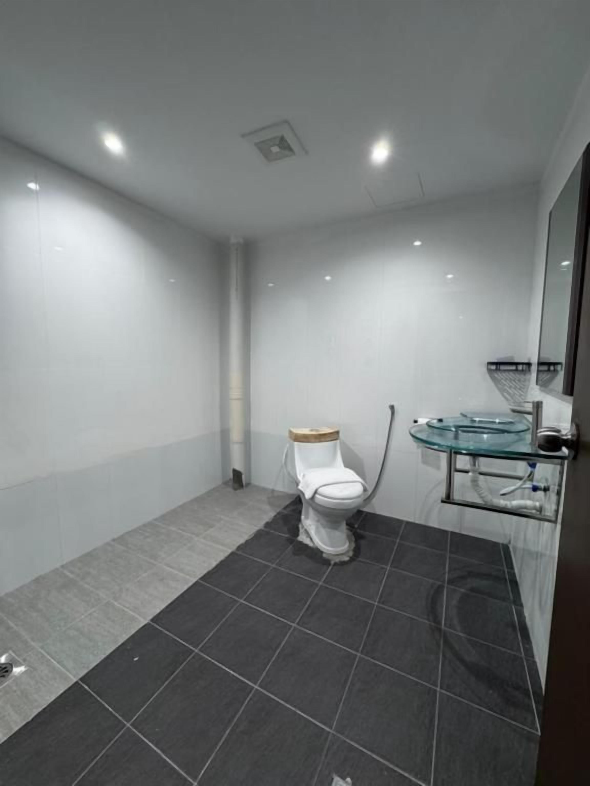 A modern bathroom with a toilet, a glass sink, and a shower area.