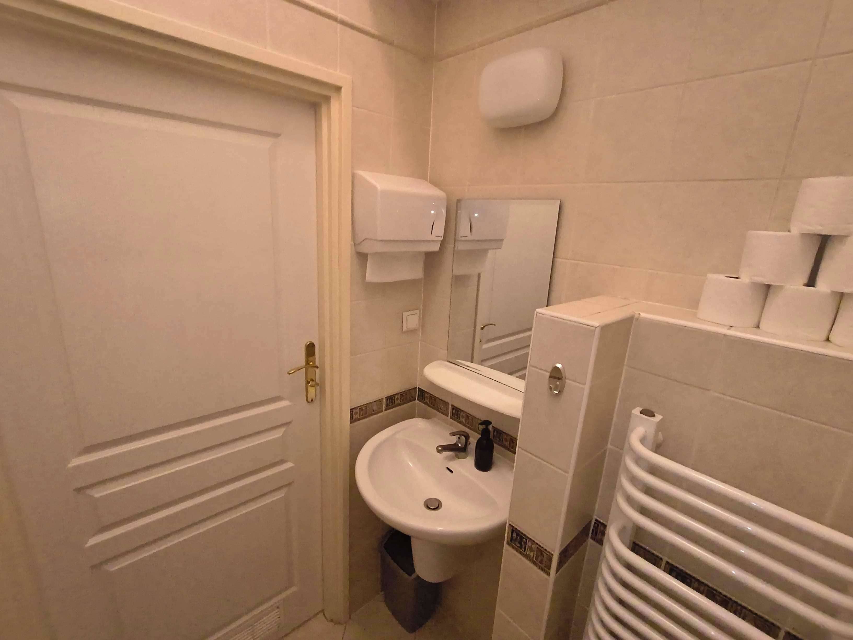 Un bagno con lavandino, WC e porta asciugamani.