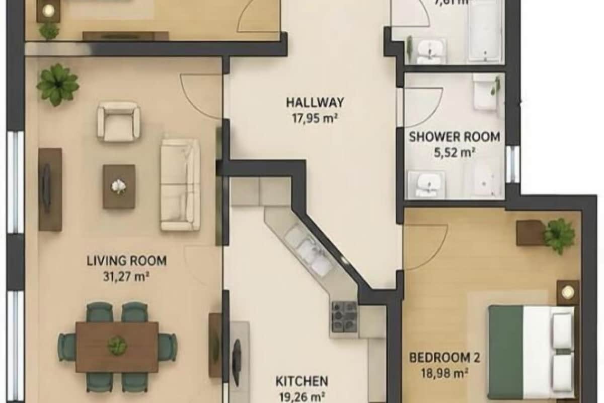 A floor plan of a 2-bedroom apartment with a living room, kitchen, bathroom, and terrace.