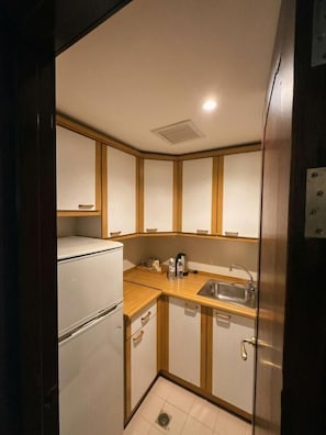 Una cocina compacta con refrigerador, lavamanos y armarios de madera.