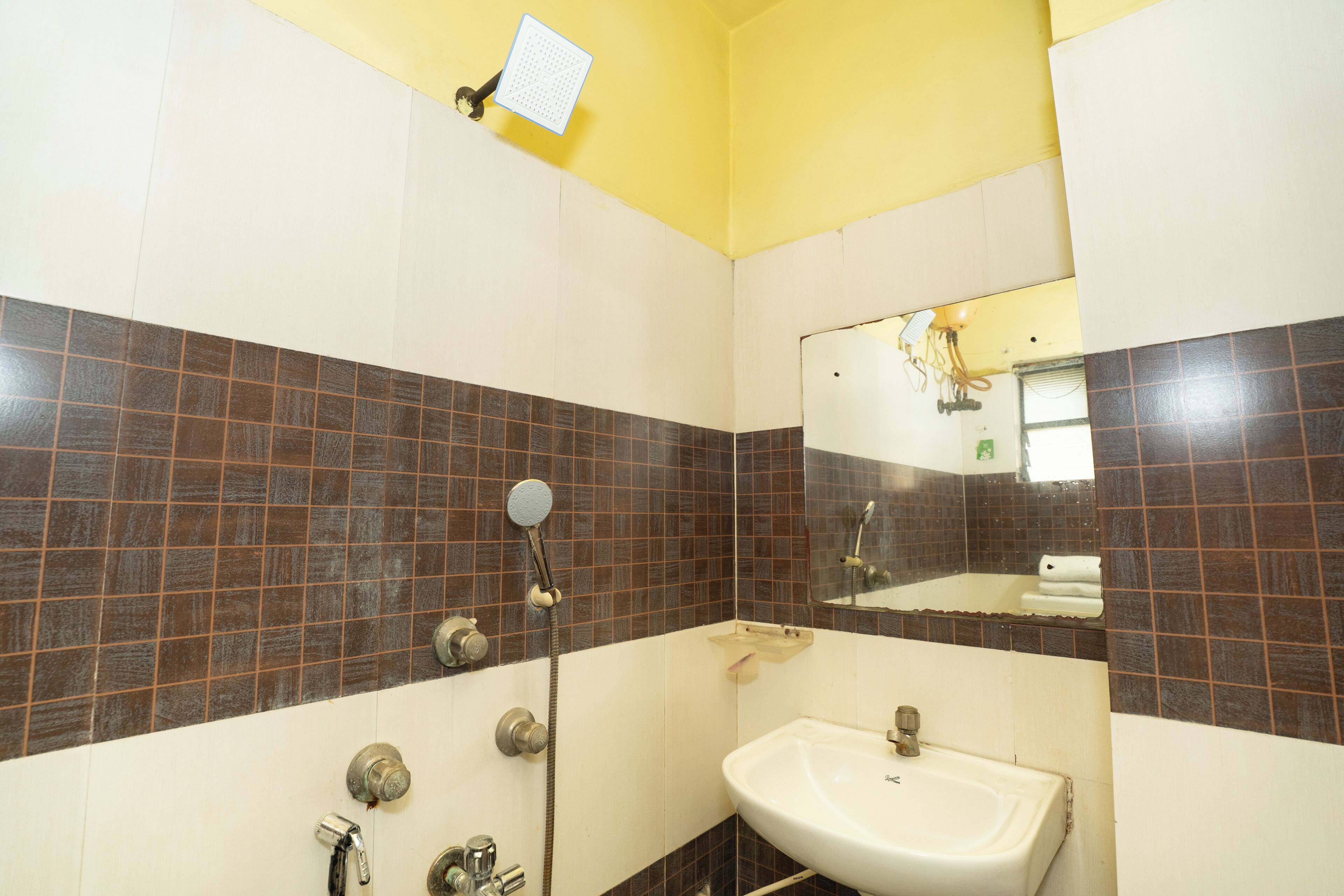 A bathroom with a white sink, a shower with a handheld showerhead, and a mirror above the sink.