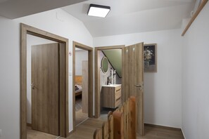 A hallway with wooden doors, a bed, a mirror, and a framed painting. - Villa Velebita in Lika region (Vrhovine)