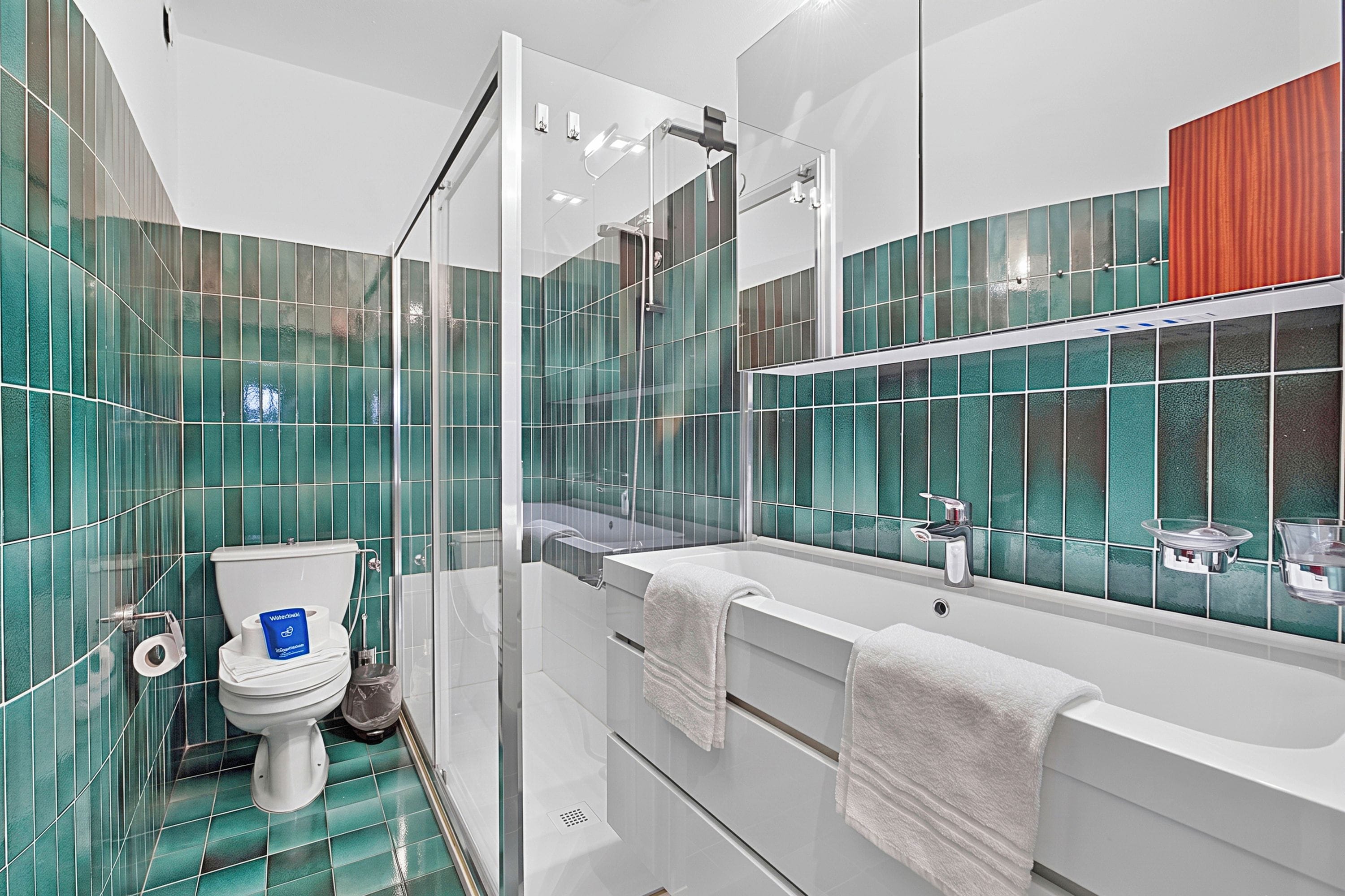 A modern bathroom with a glass shower enclosure, a toilet, and a white bathtub with a large mirror above it.