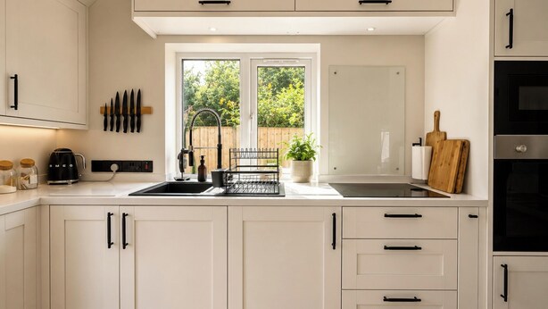 Cocina moderna con armarios blancos, un lavamanos negro y una ventana que ofrece vistas al exterior.