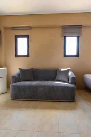 Una sala de estar con un sofá gris, dos ventanas con persianas y un electrodoméstico blanco a la izquierda.