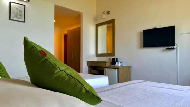 Una habitación de hotel con cama, escritorio, espejo y televisor.
